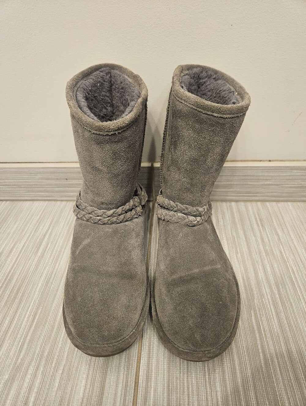 Bearpaw Adele winter boots in gray suede, featuring a distinctive braided strap